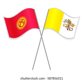 Kirgiz and Vatican crossed flags. Kyrgyzstan combined with Vatican City State isolated on white. Language learning, international business or travel concept.