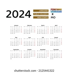 Kiribati calendar 2024. Week starts from Monday. Vector graphic design. English language.