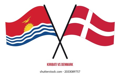 Banderas de Kiribati y Dinamarca Cruzadas y ondeadas de estilo plano. Proporción oficial. Colores correctos.