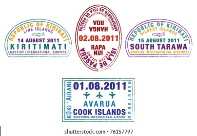 Kiribati, Easter Island and the Cook Islands passport stamps in vector format.