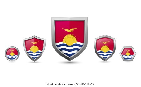 Kiribati flag badges - silver shape shield circle hexagon - stock vector illustration 