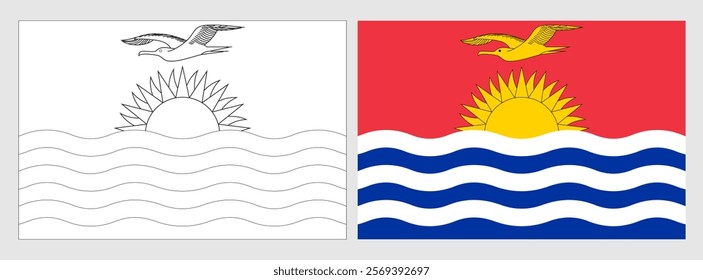 Kiribati flag - coloring page. Set of white wireframe thin black outline flag and original colored flag.