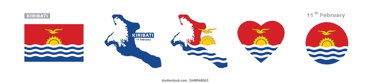 kiribati flag and map set. kiribati flag in official colors and proportions. independent day 11 fevereiro , mapa, círculo e coração em forma kiribati