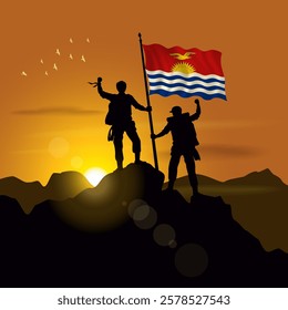 Kiribati flag, silhouette of two climbers holding flags at sunset
