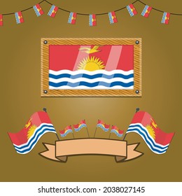 Kiribati Flags On Frame Wood, Label, Simple Gradient and Vector Illustration
