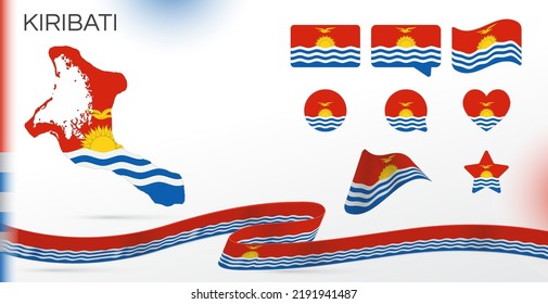 Kiribati flags set. Various designs. Map and capital city. World. Vector. Circle icon. Template for independence day. Collection of national symbols. Ribbon with colors of the flag. Oceania countries