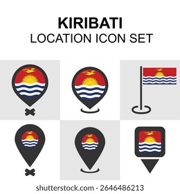 Coleção de ícones de Quiribáti com marcadores e pinos no estilo de bandeira, excelente para projetos oceânicos, mapas ou usos educacionais sobre nações do Pacífico.