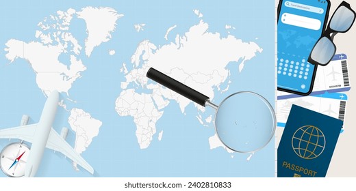 Kiribati is magnified over a World Map, illustration with airplane, passport, boarding pass, compass and eyeglasses. Vector illustration.
