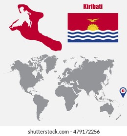 Kiribati map on a world map with flag and map pointer. Vector illustration