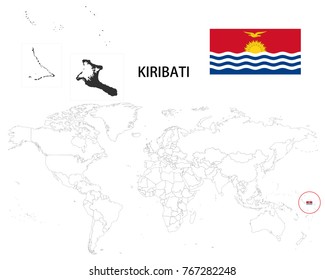 Kiribati map on a world map with flag on white background.