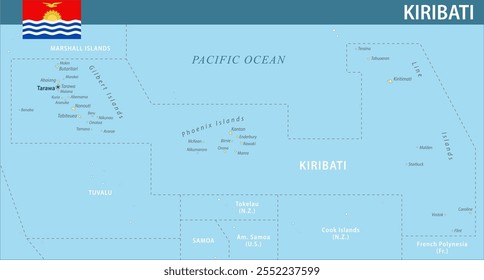 Kiribati Map Vector New 2024 Colorful - Customizable layered political map of Kiribati with administrative divisions for website, education, reports, news, politics, print, poster and wallpaper