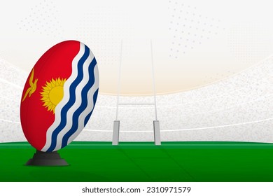 La selección nacional de rugby de Kiribati en el estadio de rugby y en los puestos de gol, preparándose para un penal o patada libre. Ilustración vectorial.