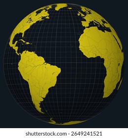 Kiribati no Globe. Vista do país no mapa do mundo em Carvão amarelo brilhante paleta de cores. Forma de Kiribati no mapa. Globo com meridianos, paralelos, países, rios e lagos.