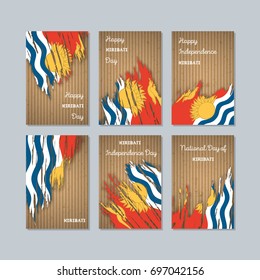 Kiribati Patriotic Cards for National Day. Expressive Brush Stroke in Flag Colors on kraft paper background. Vector Greeting Card.