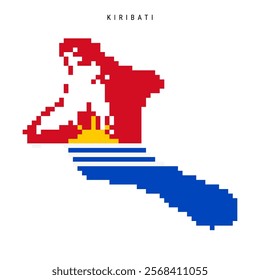 Kiribati pixel flag map icon. 8 bit pixel art Republic of Kiribati map covered with flag. Flat vector illustration isolated on white background.