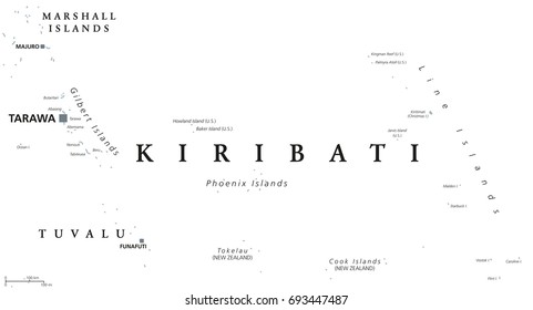 Kiribati political map with capital Tarawa. English labeling. Republic and island nation in the Pacific Ocean. Gray illustration on white background. Vector.