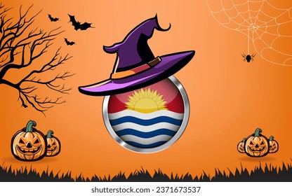 kiribati round flag with Happy Halloween banner or party invitation background. bats, spiders and pumpkins, orange background