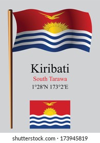 kiribati wavy flag and coordinates against gray background, vector art illustration, image contains transparency