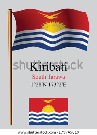 kiribati wavy flag and coordinates against gray background, vector art illustration, image contains transparency