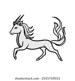 Kirin Flat Vector Illustration, Slender Body, Flowing Mane and Tail, Graceful Antlers, Stylized Design, Clean Lines, White Background