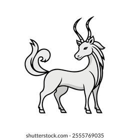 Kirin Flat Vector Illustration, Slender Body, Flowing Mane and Tail, Graceful Antlers, Stylized Design, Clean Lines, White Background