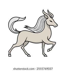 Kirin Flat Vector Illustration, Slender Body, Flowing Mane and Tail, Graceful Antlers, Stylized Design, Clean Lines, White Background