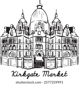 Kirkgate Market, Leeds, Inglaterra esboço de tinta preta e branca. Icônico mercado vitoriano com arquitetura ornamentada e atmosfera vibrante. Ilustração histórica. Turismo, viagens e cultura.