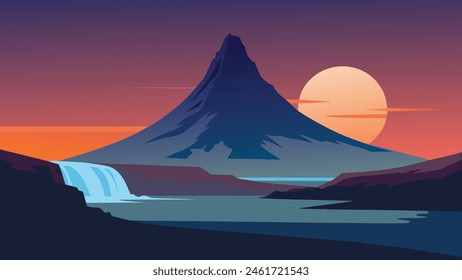 Kirkjufell mountain. Colorful evening panorama of Snaefellsnes peninsula, Iceland, Europe. flat vector illustration Nature background.