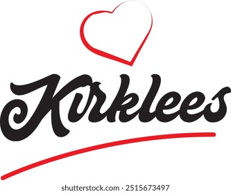 Kirklees city text design with red heart typographic icon design suitable for touristic promotion