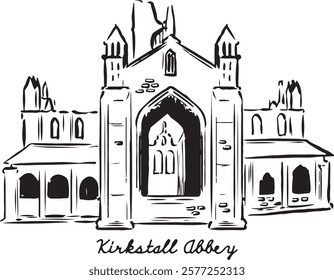 Kirkstall Abbey, Leeds, England black and white ink sketch. Iconic Cistercian ruins with Gothic architecture surrounded by scenic landscapes. Historic landmark illustration. Tourism, travel