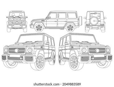 Kirov, Kirov Region, Russia - August 28, 2021: Drawing Of A Mercedes  G Klass In Three Projections, Editable, As Well As A Drawing In Isometry. Suitable For CAD And Graphic Editors