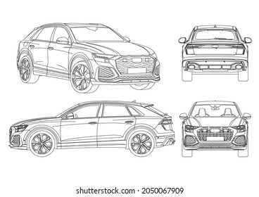 Kirov, Kirov Region, Russia - September 30, 2021: Vector Editable Image Of The Audi Q8 2021 Car In Three Projections And Isometry