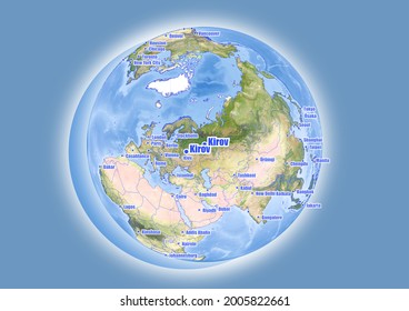 Kirov-Russia is shown on vector globe map. The map shows Kirov-Russia 's location in the world.