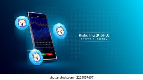Kishu Inu coin and Phone. App for trading crypto currency on the touch screen smartphone. Data analytics stock market. Mobile banking cryptocurrency. Vector 3d. 