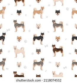 Kishu Ken seamless pattern. Different poses, coat colors set.  Vector illustration