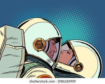 kiss astronauts men and women. A couple in love. Husband and wife. Pop Art Retro Vector Illustration Kitf Vintage 50s 60s Style