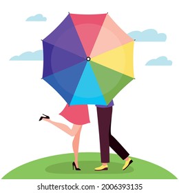 Kiss behind umbrella. Men and women pair, walking together rainy day, romantic relationships valentines or wedding card design objects, couple characters. Vector flat cartoon isolated concept