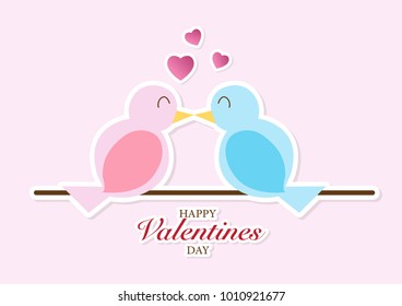 Kiss of birds on trees romantic card for Valentine's day. Vector 