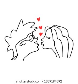 Kiss, Black And White Vector Sketch Of A Romantic Couple In Love In Doodle Style. World Kiss Day, Valentine's Day.GUY AND GIRL KISSING. Vector Illustration For Cards, Posters, Stickers And