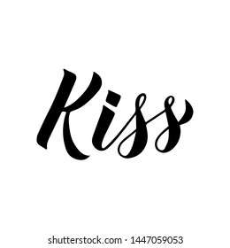 Kiss calligraphy hand lettering isolated on white. Easy to edit vector template for typography poster, banner, flyer, Valentines Day greeting card, t-shot, mug, party invitation, etc.