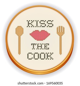Kiss the Cook Embroidery on wood hoop with retro cross stitch needlework design, big red lips, cooking fork and spoon, isolated on white background. EPS8 compatible.