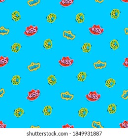 KISS, cool stickers, youth seamless pattern. Vector background printing of trendy fabric, casual clothes, wrapping paper.