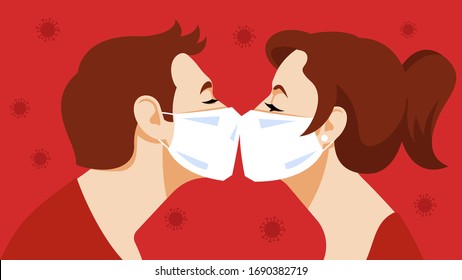 Kiss. Couple kisses in a medical mask. Love and tenderness in pandemic mode. Young guy, young beautiful girl, kiss, relationship, intimacy. Vector illustration.