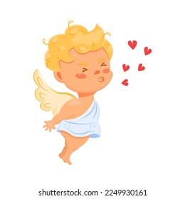 Kiss Cupid. Cute angel with wings and hearts. Expression of love in cartoon style. Symbol for valentine day