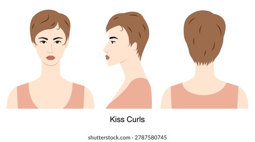 Kiss curls hairstyle vector front back profile views, curled hair shape decorative waves composition for beauty salon, hairdresser reference, fashion illustration, hairstyle selection