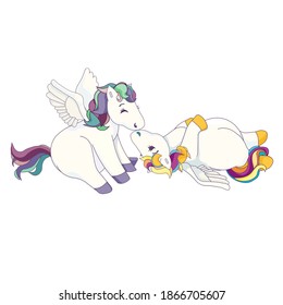 Kiss of cute Pegasus in Cartoon style; vector Pegasus on white isolated background, isolated  kissing Flying Horses in love for postcards, stickers, icons for Valentine’s Day and social networks.