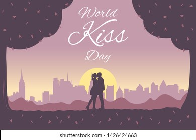 Kiss Day banner vector illustration with silhouette romantic couple under a trees. Background for World Kissing Day with copy space for text - summer sunset landscape. Man and woman in love on nature.
