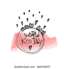 Kiss Day. Hand drawn creative calligraphy and brush pen lettering on abstract watercolor stein drop. Design for holiday greeting cards and invitations of the wedding day. Vector.