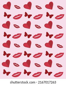 Kiss day pattern with lips, heart and butterfly.