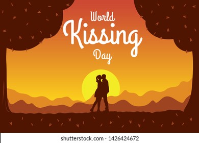 Kiss Day poster, banner vector illustration with silhouette cute romantic couple on date under a trees. Background with copy space for text - summer sunset landscape. Man and woman in love outdoor.